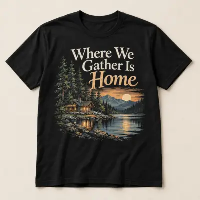 Where We Gather Is Home Tee — main — AI design mockup