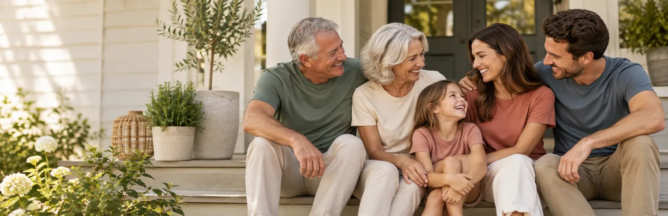 Family of three generations on a front porch in matching tees; AI-generated illustrative image