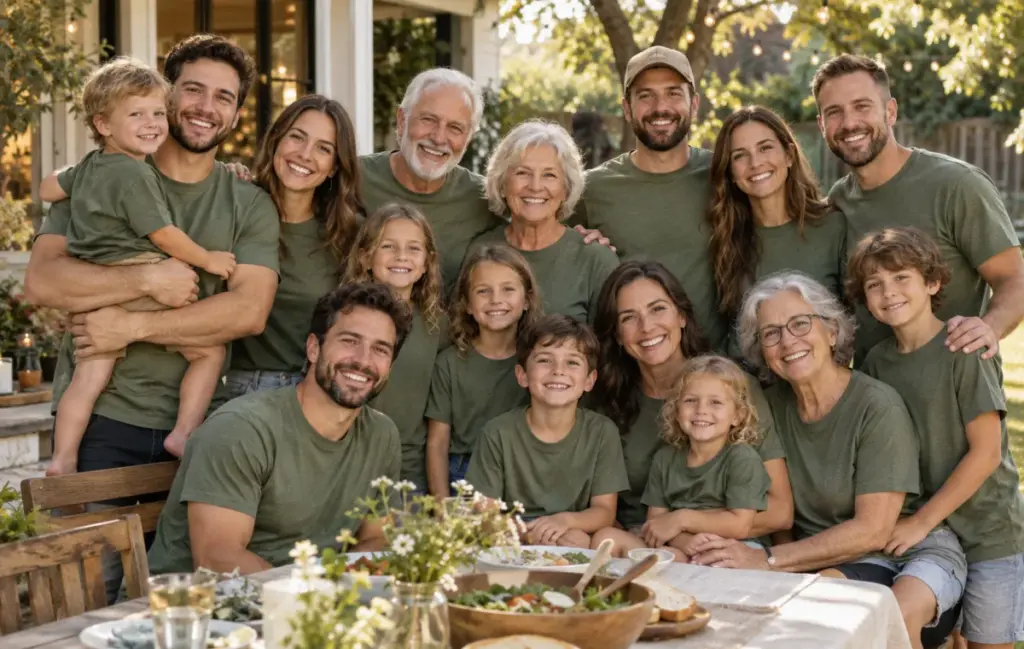 Family reunion group in coordinated tees in a backyard; AI-generated illustrative image