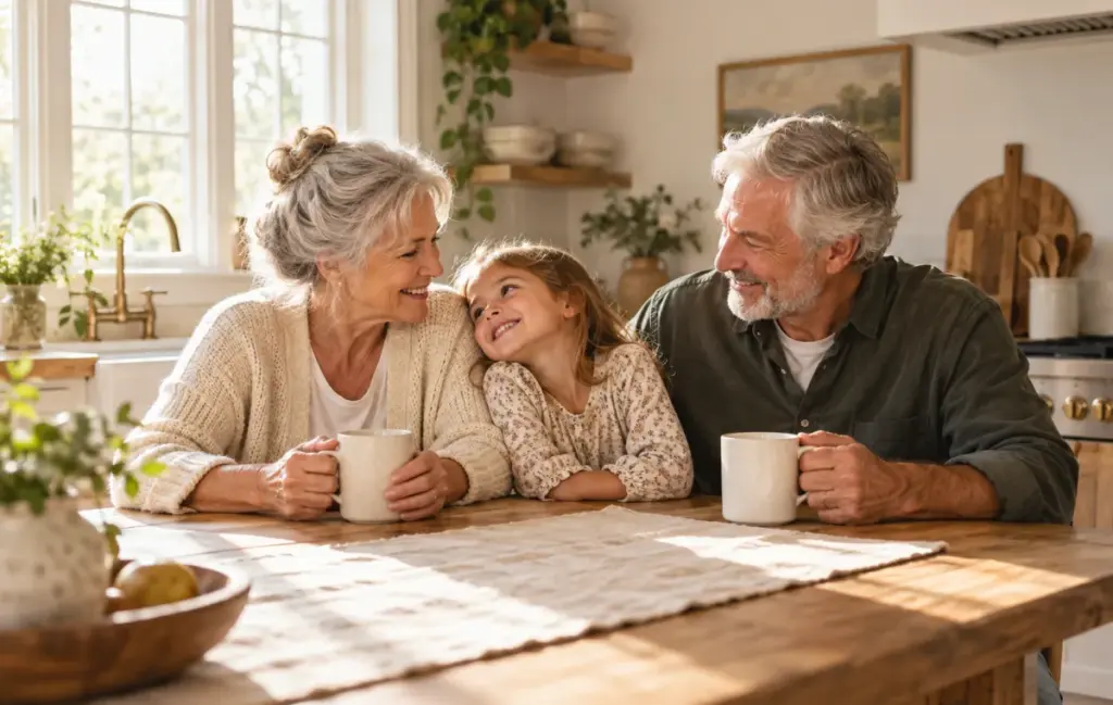 Grandparents with coffee mugs at the kitchen table; AI-generated illustrative image